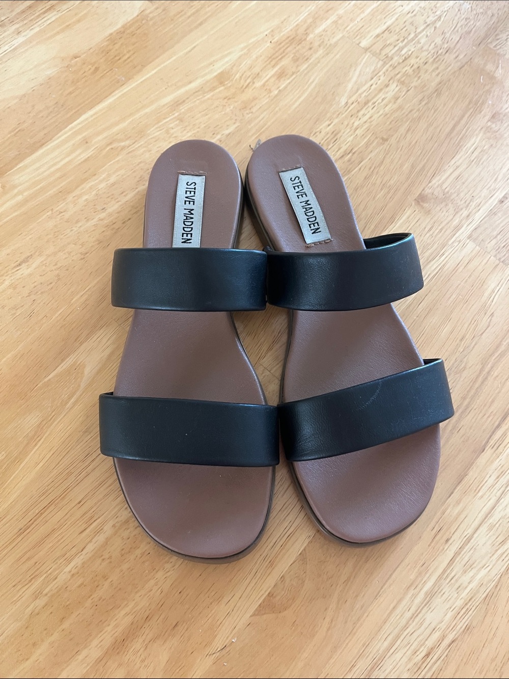 Steve Madden Black Double-Band Slide Sandals with Brown Footbed